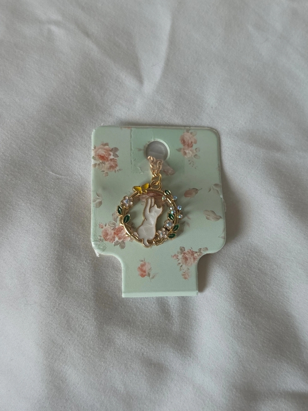 Gold Floral Rabbit Pendant Charm with White Enamel